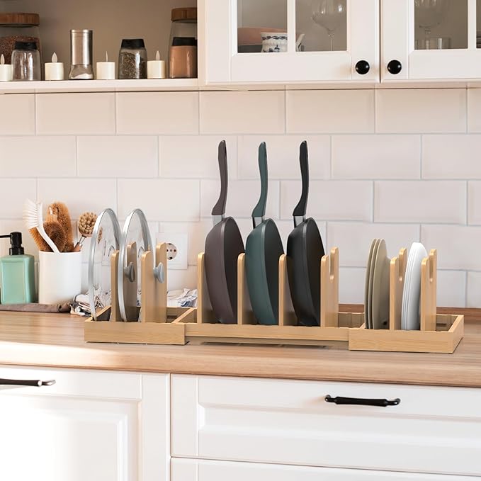 Pots and Pans Organizer Under Cabinet, Expandable Pot Lid Organizer, Bamboo Pan Organizer, Pot and Pan Organizer Rack for Kitchen Countertop or inside Cabinet