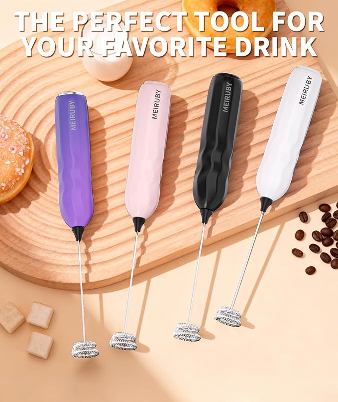 MEIRUBY 2-Pack Milk Frother Handheld with Stand, Valentines Day Gifts for Him and Her, Powerful Electric Coffee Frother, Coffee Lover Gift for Lattes, Cappuccino, Matcha & Hot Chocolate, White/Pink