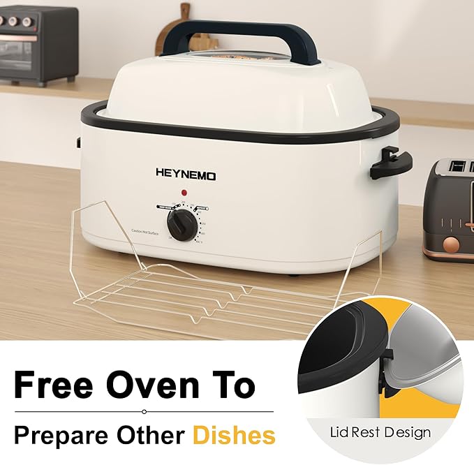 26 Quart Electric Roaster Oven with Visible & Self-Basting Lid, Large Turkey Roaster with Defrost Warm Function, Adjustable Temperature, Removable Pan Rack, Stainless Steel, White
