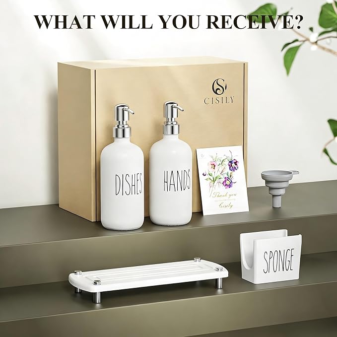 Cisily Kitchen Soap Dispenser Set Comes with Ceramics Sponge Holder, Gold Pumps, and Instant Dry Tray, Hand and Dish Soap Dispenser Set (4, Silver + White + Sponge Holder)