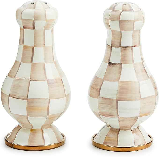 MACKENZIE-CHILDS Enamel Salt and Pepper Shakers, Kitchen Table Spice Shaker Set, Brown-and-White Mocha Check, Large