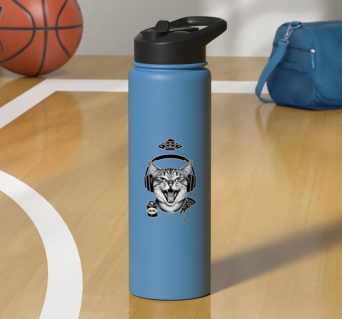 Cat With Headphones Milk Pizza Retro Alien Nostalgia Stainless Steel Insulated Water Bottle