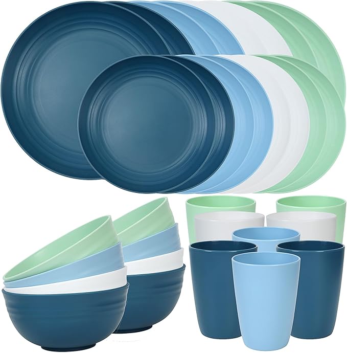 Quatish 32 Piece Plates and Bowls Sets for 8, Unbreakable Dinnerware Sets, Dish Set for Camping, Dishwasher & Microwave Safe, Outdoor Kitchen and Apartment Dinning RV Essentials, Blue
