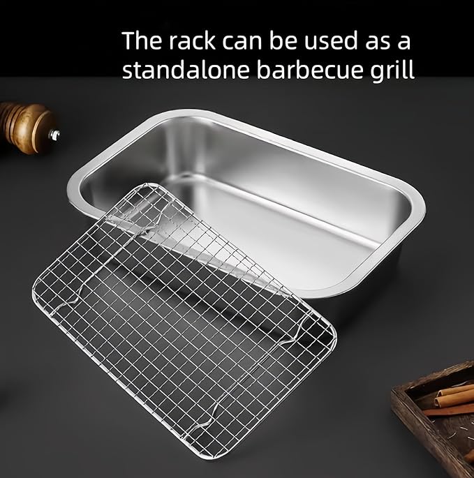 Stainless Steel Sturdy Roasting Pan with Cooling Rack – Oven, Toaster & Grill Safe, Deep Edge, Smooth Finish, Dishwasher Safe – Perfect for Turkey, Chicken, BBQ (12.4x8.5x2.8in)
