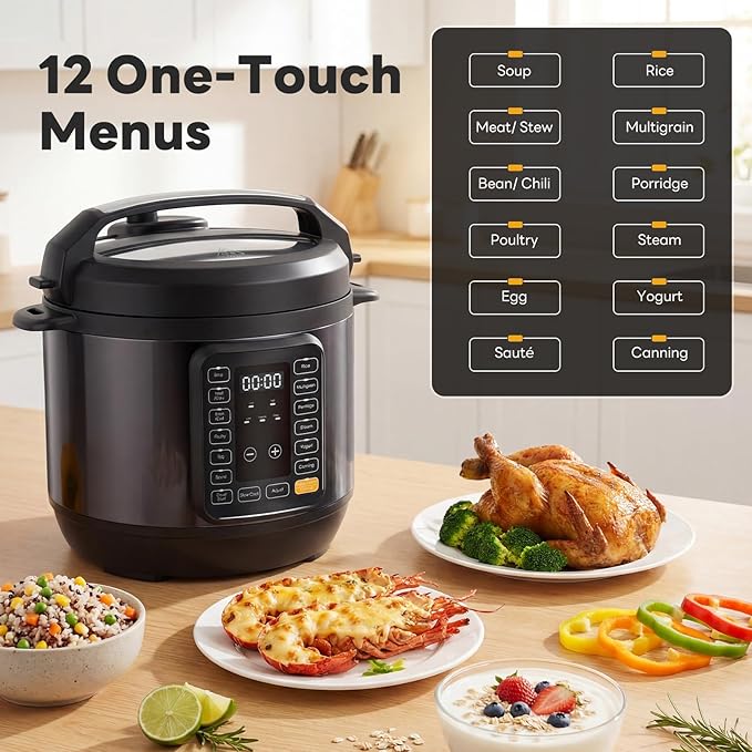 DUMOS Electric Pressure Cooker 16-in-1, 8QT Programmable Multi Cooker with 12 One-Touch Presets, Soup Steam Yogurt and More, Ceramic Inner Pot Delay Start & Keep Warm, Includes Recipe Guide, Black