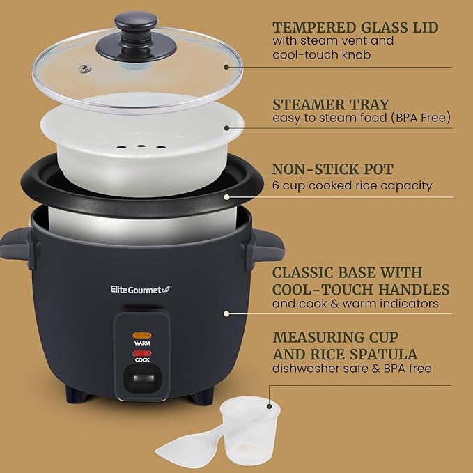 Elite Gourmet Electric Rice Cooker with Steam Tray and Non-Stick Inner Pot Makes Soups, Stews, Grains, Cereals, Keep Warm Feature, 6 Cups Cooked (3 Cups Uncooked), Black