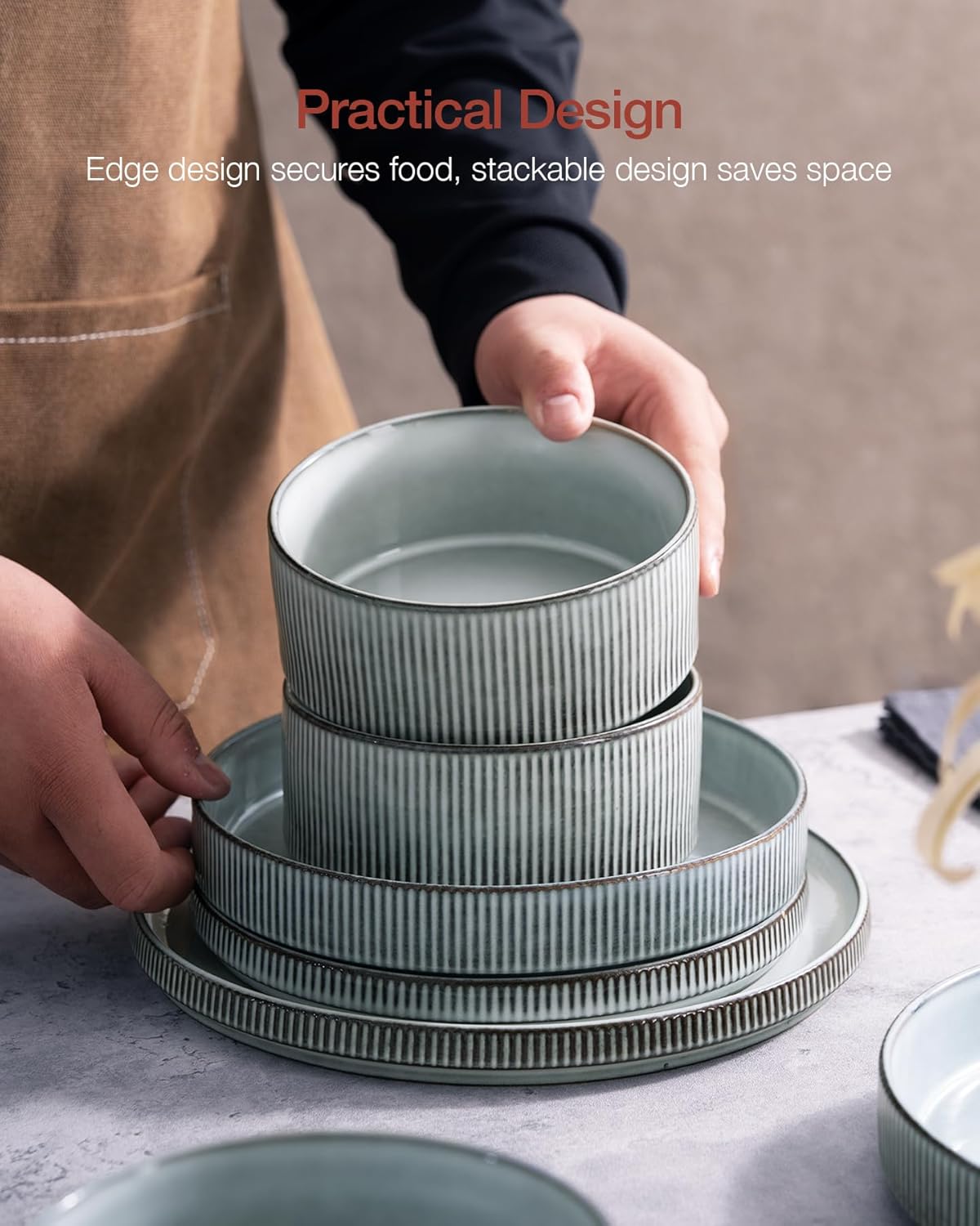 Famiware Star Plates and Bowls Sets, Modern Stoneware Dinnerware Sets for 6, 18-Piece Kitchen Dish Set - Chip and Scratch Resistant, Microwave and Dishwasher Safe Tableware, Smoky Blue