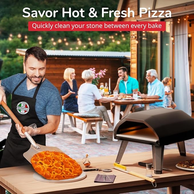 Senwosa 26” Pizza Oven Brush with Stone Scraper - Heat Resistant Stainless Steel Bristles, Extra Long Handle - Compatible with Ooni, Gozney & Similar Ovens - Includes Spare Head