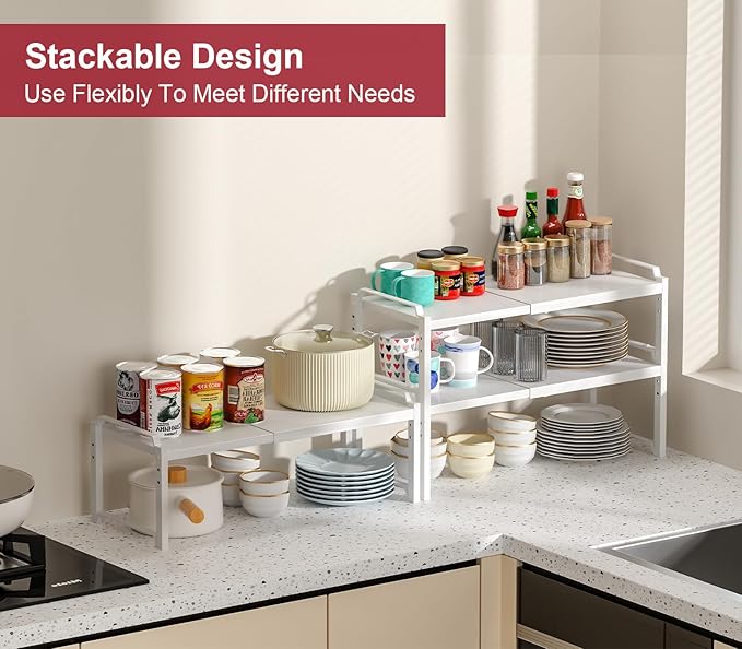 X-cosrack 12" Wide 100LBS Loading-Bearing Heavy Duty Kitchen Storage Shelf, Expandable Cabinet Shelf Organizer, Stackable Adjustable Storage Shelves for Kitchen Cabinet Cupboard Pantry Counter