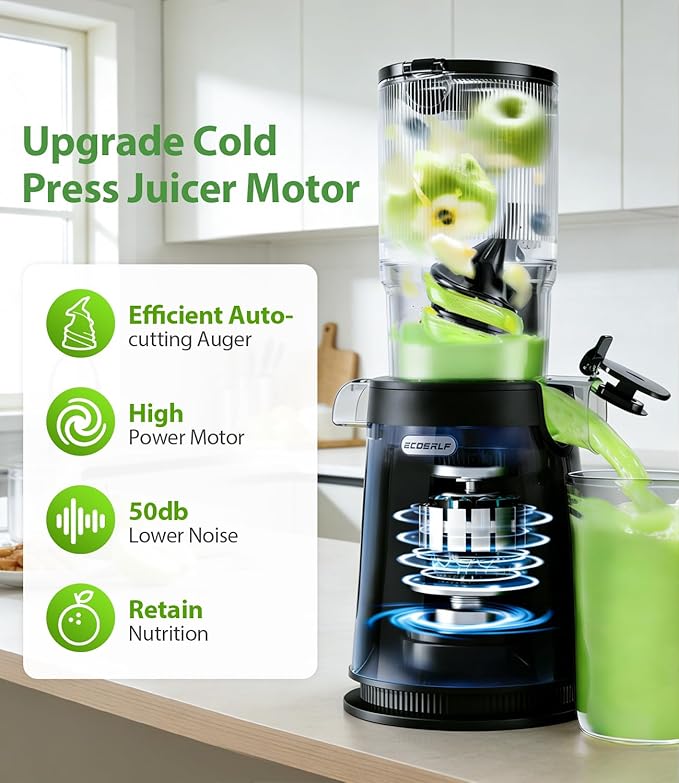 ECOSELF Juicer Machines - Wide Mouth Feed Chute For Fruits and Leafy Greens - Juice Extractor Machine With Self Feeding & Hands-Free Design For Family - Cold Press Juicer Easy to Clean（With Brush）