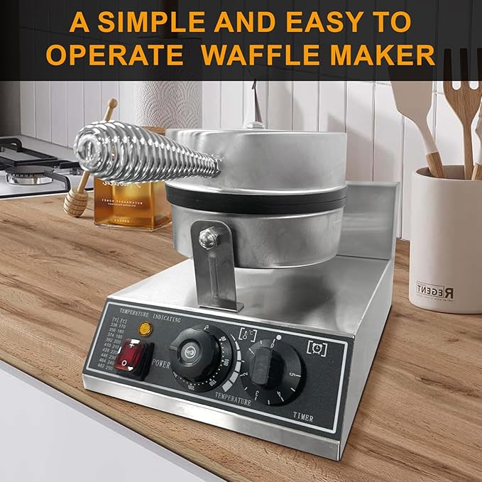Commercial Waffle Maker, 1200W Stainless Steel Nonstick Round Waffle Iron with 122℉ to 572℉ Temp Range & Time Control, for Household Bakeries Snack Bar