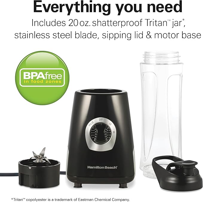Hamilton Beach Go Sport Portable Blender For Smoothies With 20 Oz. Blend-In Personal Travel Jar, 600 Watt Motor And Stainless Steel Blades For Powerful Blending Performance, Black (51143G)