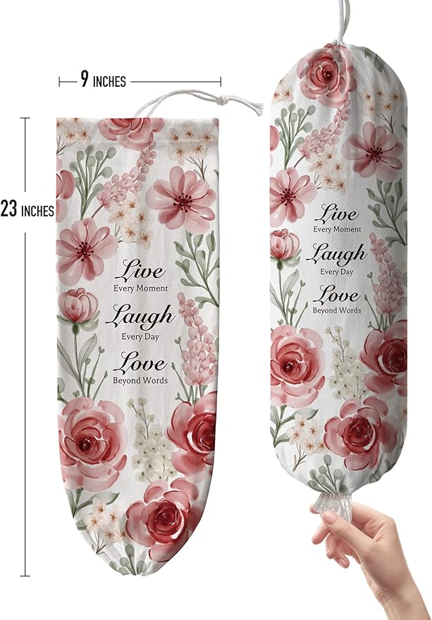 Hglian Plastic Bag Holder, Inspirational Farmhouse Grocery Bag Organizer Storage Dispenser Container for Shopping Trash Bags,Cute Flowers Kitchen Décor Gifts for Women Mom Friend Grandma Pink