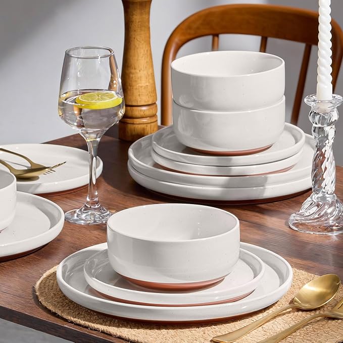E-far 24-Piece Stoneware Dinnerware Sets, Plates and Bowls Sets for 8, Ceramic Dishware Dishes Set with Terracotta Base, Chip & Scratch Resistant, Microwave & Dishwasher Safe, Speckled White