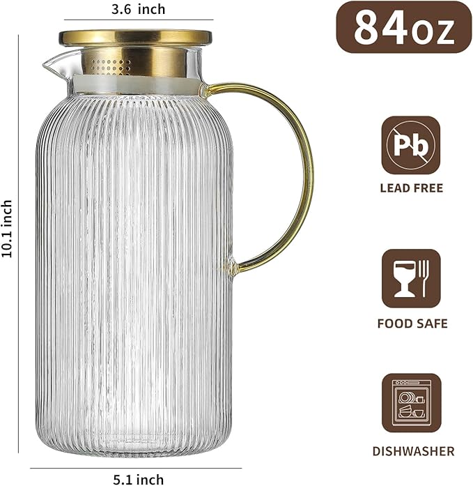 Buaic 2 PACK Glass Pitcher with Lid, 84oz/2.5L Liter Classic Vertical Stripes Water Pitcher,Glass Water Carafe for Cold Brew, Coffee, Lemonade, Iced Tea,Sun Tea, Beverage, Heat Resistant
