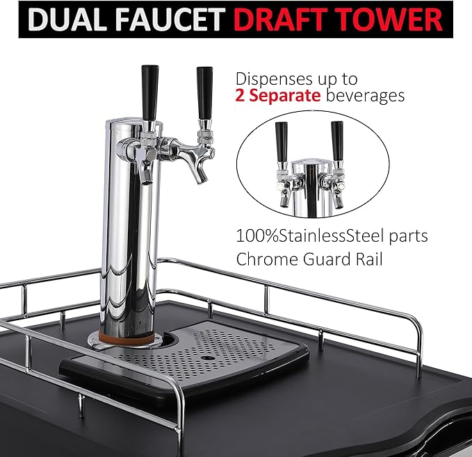 Kegerator and Keg Beer Cooler, Dual Tap Draft Beer Dispenser, Full Size Keg Refrigerator With Shelves, Stainless Steel, Drip Tray & Rail，silver