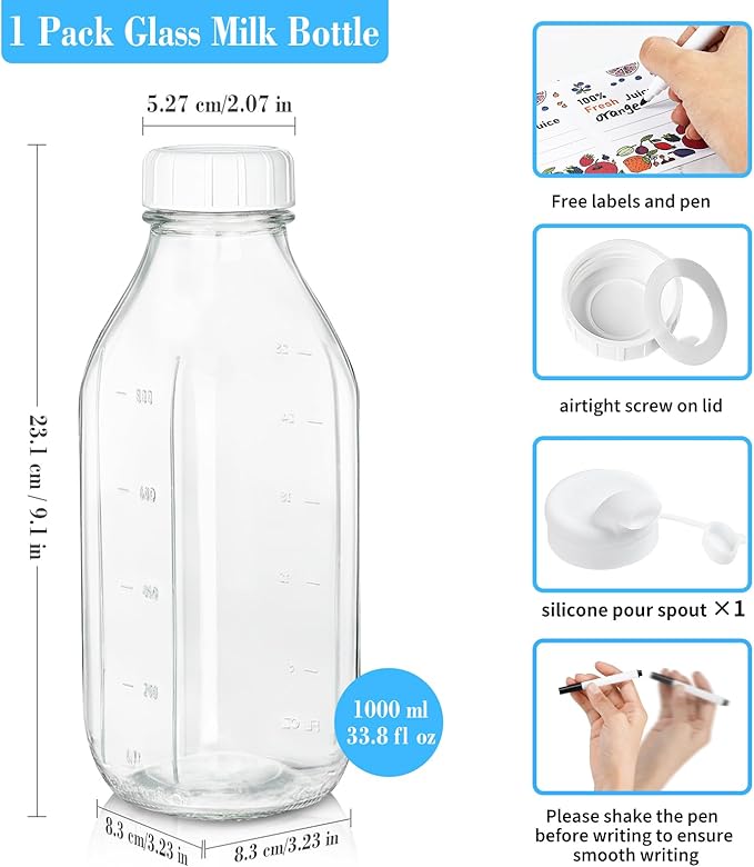 Syntic Square Liter Glass Milk Bottles with Airtight Lid - 100% Leak-Proof Heavy Duty Screw Cap, 32 Oz Glass Juice Bottles w Scale Mark, Reusable Jugs Pitcher for Homemade Juice(Extra 1 Lid and Pen)