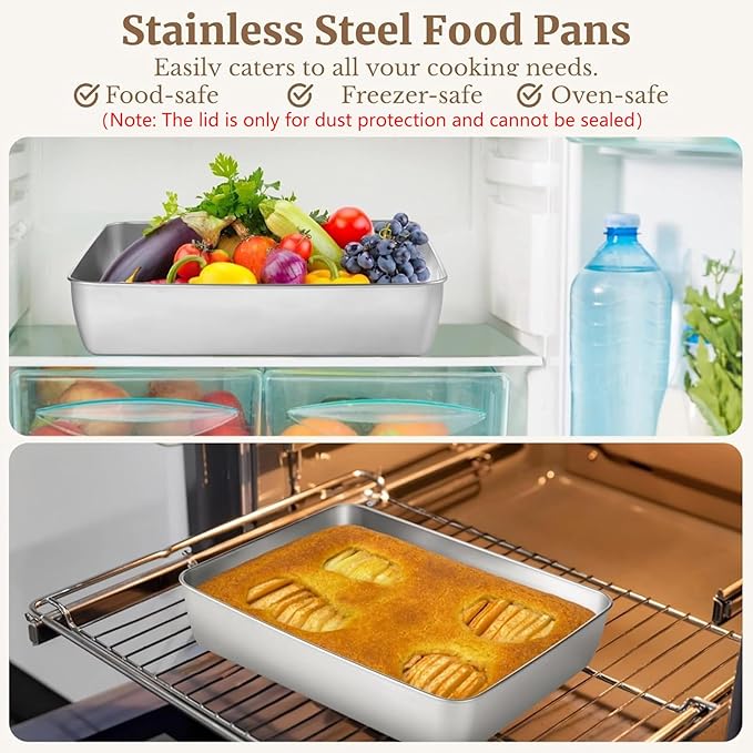 3 Pcs Stainless Steel Cake Pan with Lid, 13/11/9 Inch Cake Pans Sets for Baking, Non-Stick Bread Loaf Pans, Rectangle Baking Bakeware for Bread, Cake, Meat, Vegetables