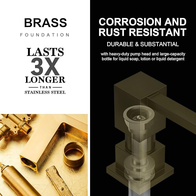 Champagne Gold Soap Dispenser for Kitchen Sink, Lava Odoro Built in Sink Soap Dispenser, Solid Brass Kitchen Soap Pump and Lotion Dispenser with 18oz Refillable Bottle, Spot-Free, KSD182-CB