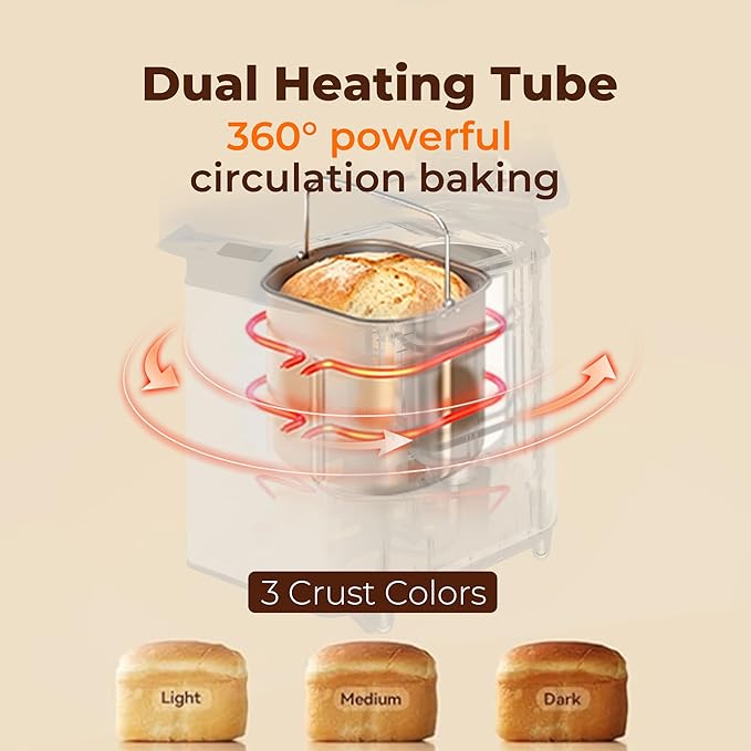 Rosewill 25-in-1 Automatic Bread Maker Machine with 3 Loaf Size up to 2 Lb, 700W High Power Dual Heater Bread Maker with BPA-free Nonstick Coating Pan, Max 15 Hours Delay Timer, Low Noise - Cinnamon
