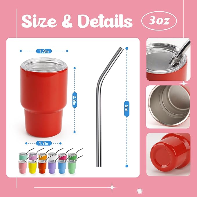 Joyclub 3 oz Mini Tumbler Shot Glass with Straw and Lid 48 Pack Colored Stainless Steel Sublimation Shot Tumblers Cup for Wedding Party Whiskey Favors