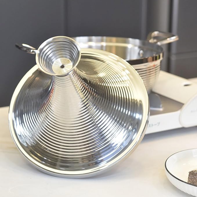 Moroccan Tagine Cooking Pot,Stainless Steel Non Stick Moroccan Casserole with 2 Handles,Large Moroccan Cooker Handmade Tagine Pot with Cone-Shaped Lid(25cm, Silver)