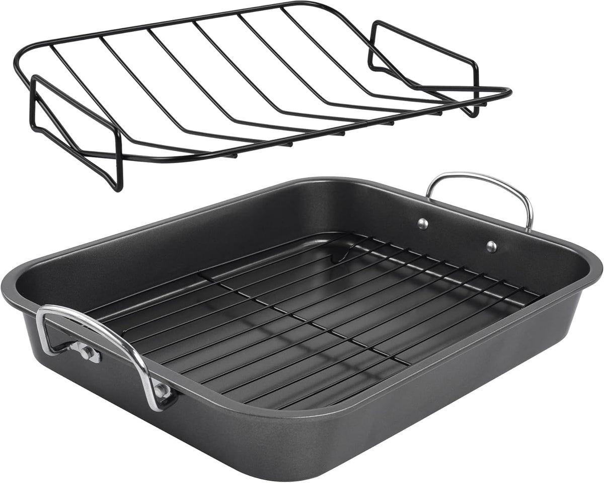 kitCom Nonstick Roasting Pan, Roaster with Rack - 16 Inch Rectangular Grill Suitable for Turkey, Roast Chicken, Ham, Dishwasher Safe (9.5QT)