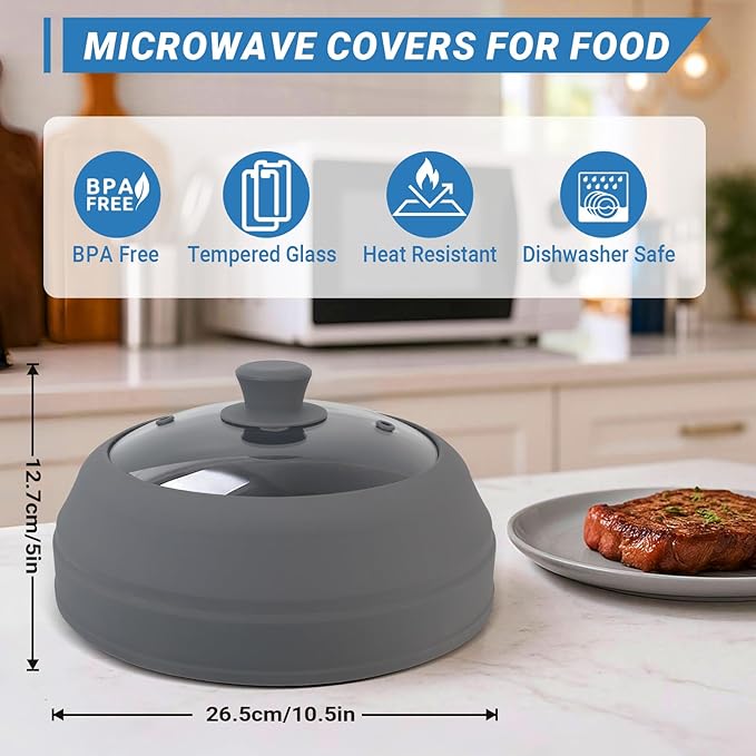 Glass Microwave Cover for Food, 10.5 Inch Collapsible Silicone Microwave Splatter Cover, Microwave Splatter Cover Glass, Microwave Food Cover for Pot Plate, Heat Resistant, BPA-Free, Dishwasher Safe