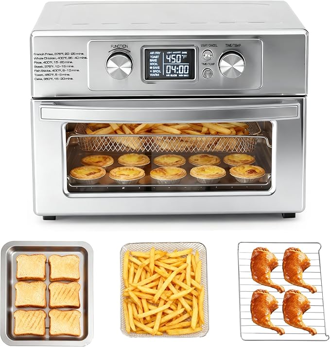 OLIXIS Air Fryer Toaster Oven Combo Extra Large, 23QT Convection Oven Countertop 4 Functions in 1, 4 Accessories Included, Stainless, Up to 450°F