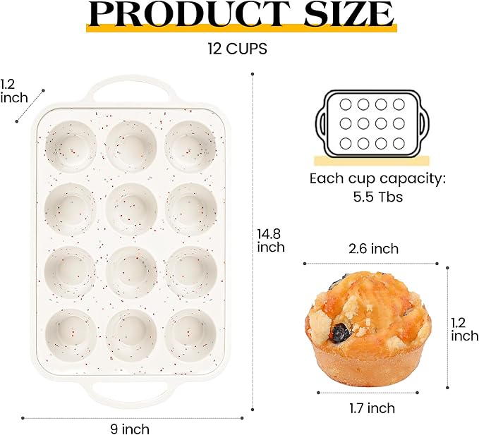 silicone muffin pan for baking with metal frame (Cream, Regular：12-Cup x 2 Pcs)