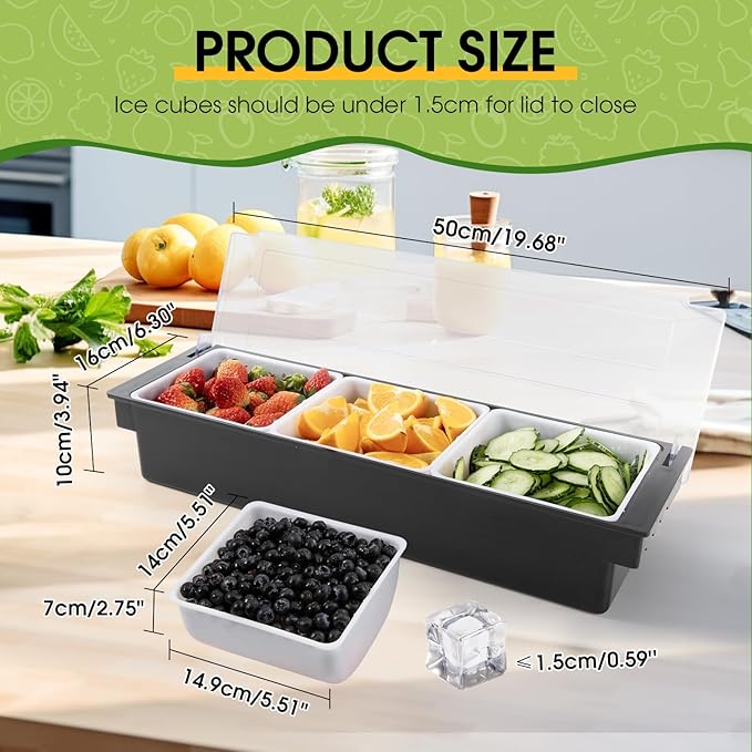 Ice Cooled Condiment Serving Container Fruit Veggie Condiment Caddy Plastic Garnish Station with Lid for Fruit,Ice Cream,Salad Bar-Topping Organizer for Restaurant Supplies (3 Compartments)