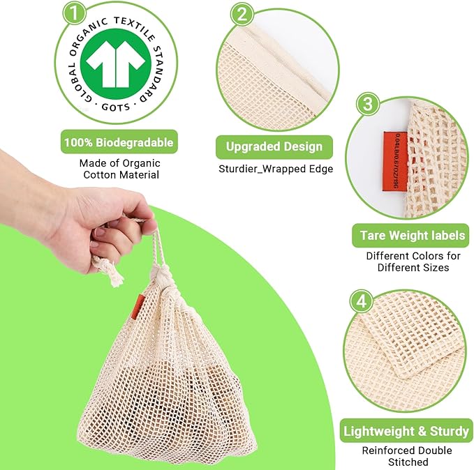 Pack of 12 Reusable Grocery Bags, 3 Sizes (4xS+4xM+4xL) Reusable Shopping Bags Heavy Duty Cotton Bags Mesh Bags for Vegetables, Enhanced Closure Edge, Double Stitched, with Tare Weight