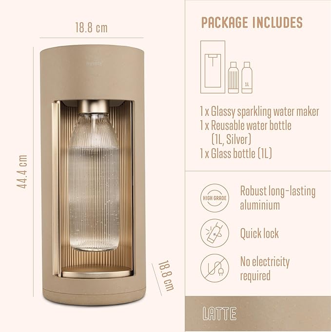 Mysoda Glassy Sparkling Water Maker + 1L Glass and Plastic Bottle - Silent Carbonated Water Machine Soda Maker with Sliding Door Opening - No Cylinder Included - Latte