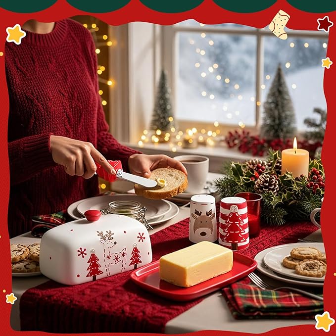 Ziliny 4 Pcs Christmas Dishes Set Include 1 Ceramic Elk Butter Dish with Lid 2 Salt and Pepper Shakers and 1 Christmas Tree Cheese Spreader with Stainless Steel Blade for Winter Festive Dinner Gift