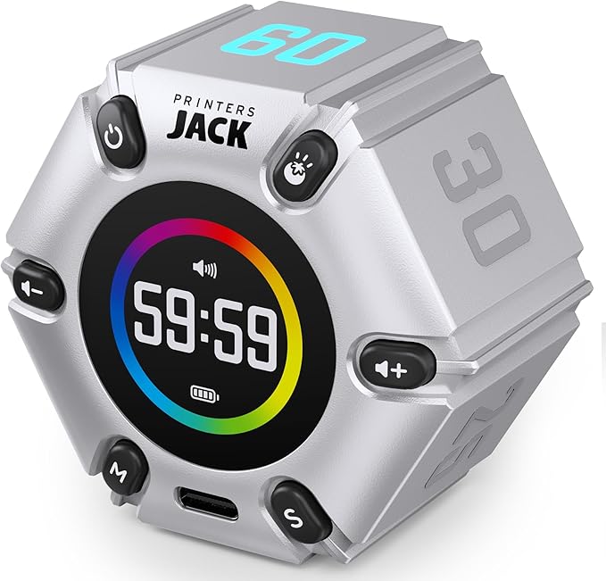 Printers ack Pomodoro Timer - Productivity Cube, Visual Focus Timer, Mute & Vibration & Adjustable Sound Alert, for Office, ADHD, Study, Work, 3/5/10/25/30/60min & Custom Countdown - Silver