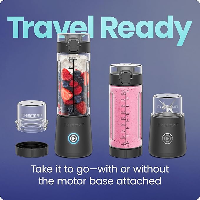 Chefman Cordless Portable Blender for Smoothies and Shakes, BPA-Free 16 oz Blending Jar w/Stainless-Steel Blades, USB-C Rechargeable with Color-Changing LEDs, Dishwasher-Safe Accessories - Black