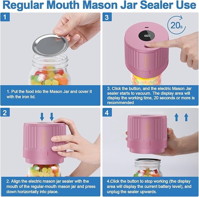 LOVE MOMENT Electric Mason Jar Vacuum Sealer Kit for Wide Mouth and Regular Mouth Mason Jar - Pink