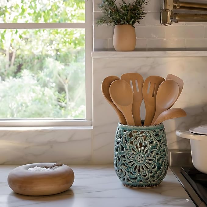 Farmhouse Kitchen Utensil Holder for Kitchen Counter, Ceramic Large Cooking Utensil Crock with Cork Mat, Countertop Cooking Tool Spatula Organizer, Antique Grayish Blue