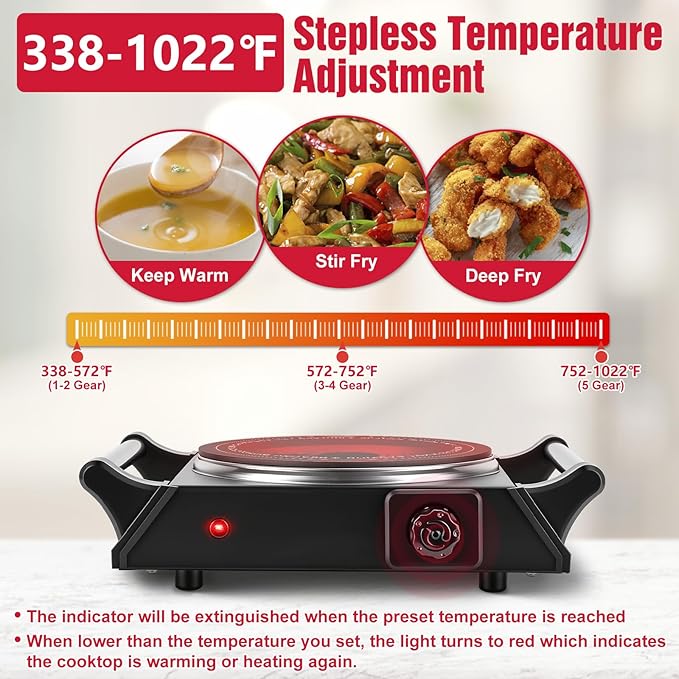 Electric Countertop Single Burner, 1000W Cooktop with Crystal Glass Hot Plate, 5-Level Stepless Temperature Control, Stay Cool Handles, Easy to Clean, Compatible Cooking Stove for Office Home RV