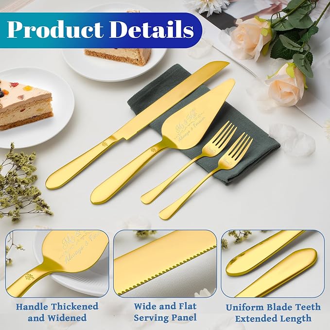 Eisinly Cake Cutting Set for Wedding, Elegant Cake Knife and Server Set with Stainless Steel Forks, Cake Cutter and Pie Spatula for Engagements, Anniversary, Bride and Groom, 4Pcs, Gold