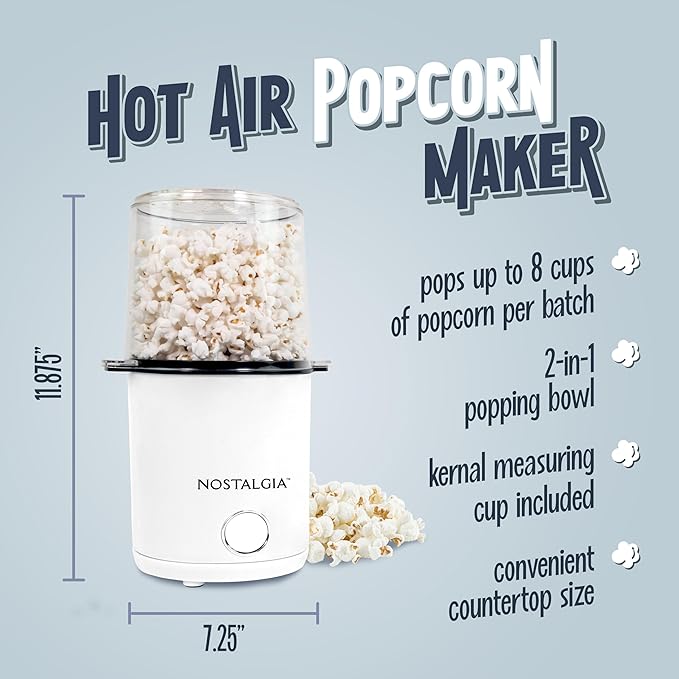 Nostalgia 8-Cup Hot Air Popcorn Maker & Bowl - 2-In-1 Bowl & Lid, 2 oz Measuring Cup - Oil-Free Pop Corn for Movie Night, Snacks, Birthday Parties, and More - White