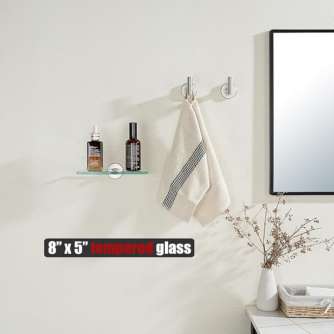 JQK Bathroom Glass Shelf, Tempered Glass Shower Storage 8 by 5 inches, 304 Stainless Steel Brushed Finish Wall Mount, TGS101L8-BN
