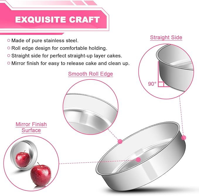 EWFEN 6 Inch Cake Pan Set of 2, Stainless Steel Round Layer Cake Baking Pans Tins, Non-Toxic & Healthy, Leak-proof & Easy Clean & Dishwasher Safe