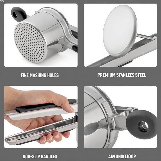 Potato Ricer Stainless Steel with 3 Interchangeable Discs, Heavy Duty Potato Masher & Squeezer, Hand Ricer for Mashed Potatoes and Food Press, Easy to Clean Kitchen Gadgets