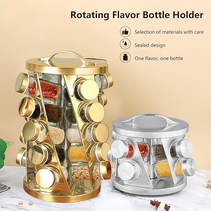 Portable Stainless Steel Spice Rack with 12 Spice Jars Included Revolving Spice Organizer for Kitchen Tower Storage Rack for Spices and Seasoning Gold