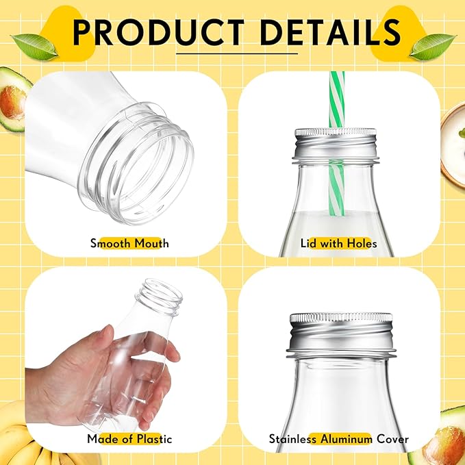 Yinkin 20 Sets Plastic Milk Bottles with Straws Lids Clear Plastic Containers for Dairy Milk Party Bottle for Juices Shakes Smoothies (8 oz,Pastel Color)