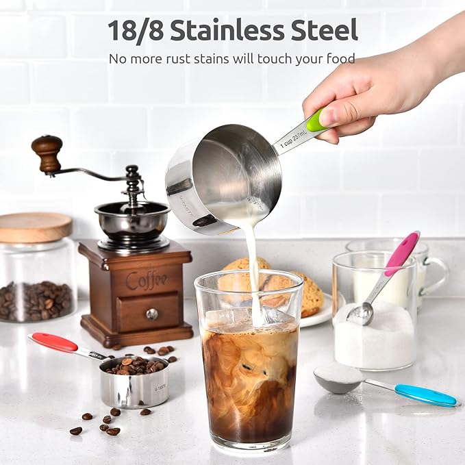U-Taste 10 Piece Measuring Cups and Spoons Set in 18/8 Stainless Steel (color), and 600ºF Heat Resistant 13 inch Large Non-Stick Silicone Soup Ladle (Black)