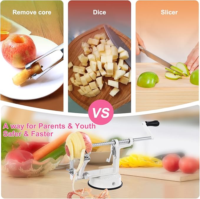 Apple Peeler, Slicer Corer Potato Peelers 3 In 1, Stainless Steel Heavy Duty with Suction Cup Base And 3 Extra Blades (White)