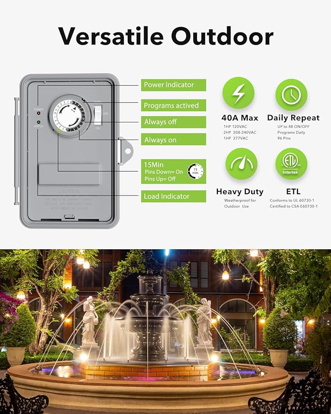 BN-LINK Pool Pump Timer, Outdoor Mechanical Timer Box, Heavy Duty 24 Hour Programmable, 2HP 40A Max, 120, 240, 277 VAC, for Pool Pump, Water Heater, Fans, SPA, ETL Listed