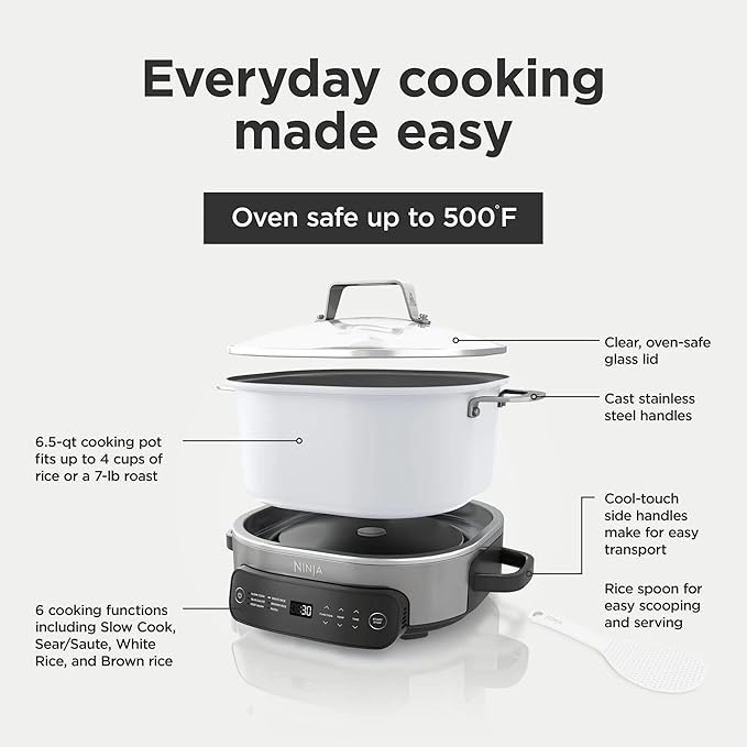 6.5 Quart Stainless Steel Multi-Cooker – Programmable Slow Cooker, Pressure Cooker & More, One-Pot All-in-One Cooker with Digital Controls & Accessories (White) Ninj-a